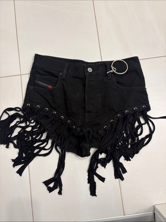 Diesel Pants - Diesel Black Fringe High-Waist Denim Shorts